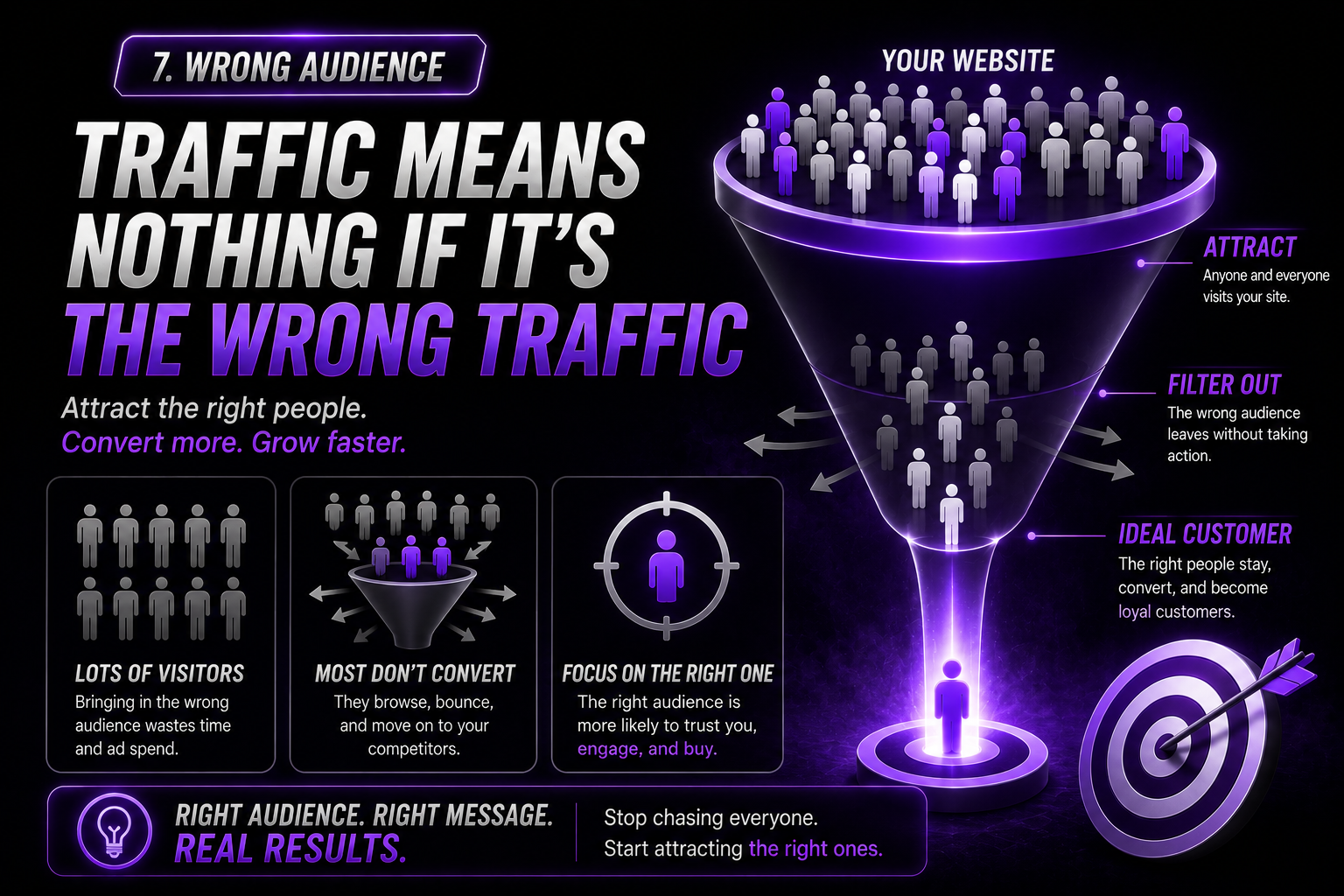 Website conversion optimization infographic demonstrating why attracting the right audience is more important than increasing website traffic. Sales funnel graphic shows ideal customers converting while unqualified visitors exit the funnel.