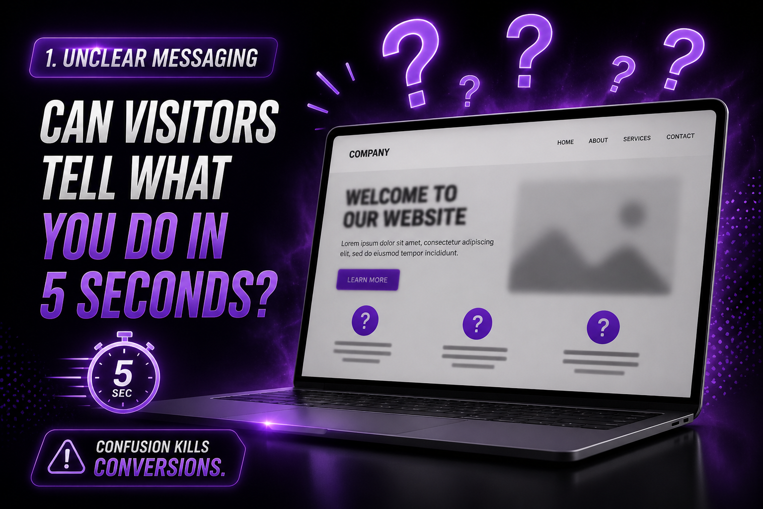 Confused website visitor infographic illustrating the impact of unclear website messaging, weak value propositions, and poor communication on lead generation and customer conversions.