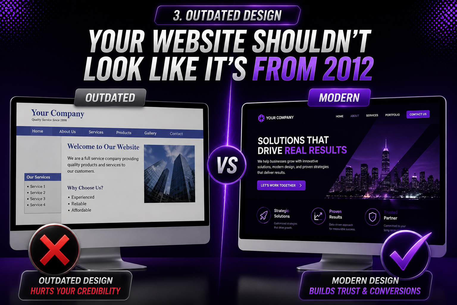 Website redesign infographic comparing outdated and modern website designs, showing how a professional, mobile-friendly website builds customer trust, enhances credibility, and generates more leads.
