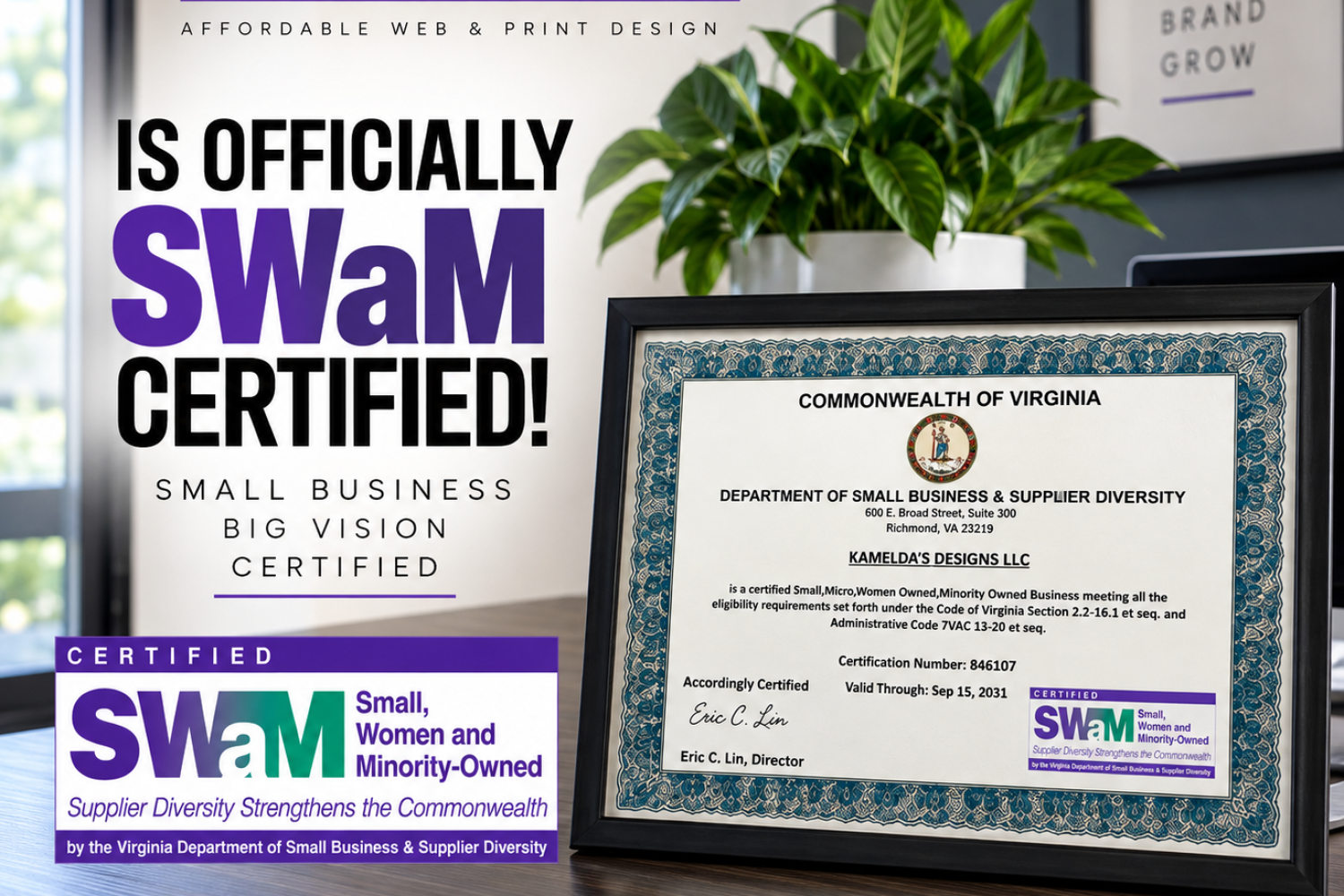 Kamelda’s Designs LLC celebrates Virginia SWaM certification as a Small, Micro, Women-Owned and Minority-Owned business.