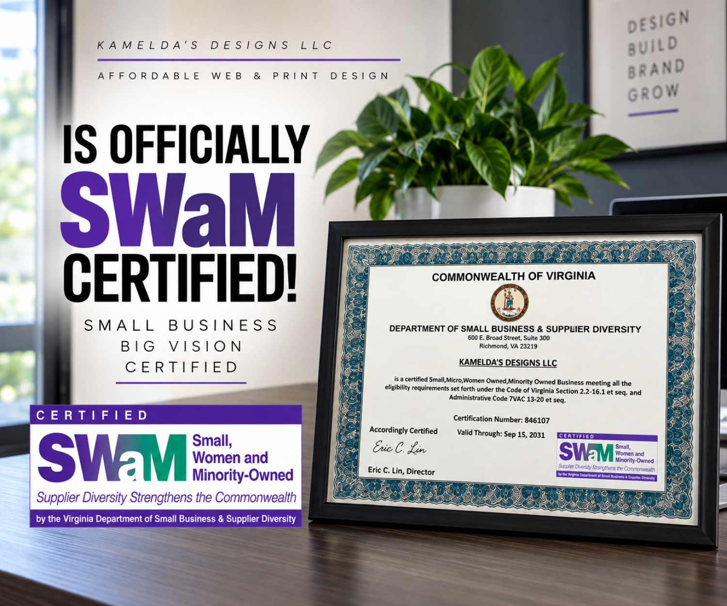 Kamelda’s Designs LLC celebrates Virginia SWaM certification as a Small, Micro, Women-Owned and Minority-Owned business.